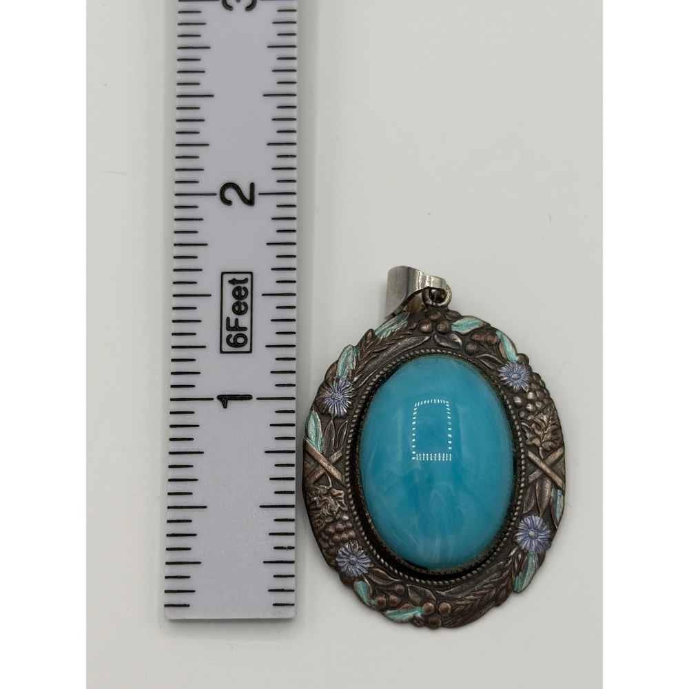 Vintage Oval Turquoise Enamel Floral Silver Tone Pendant Cabochon Boho Charm - Picture 3 of 3